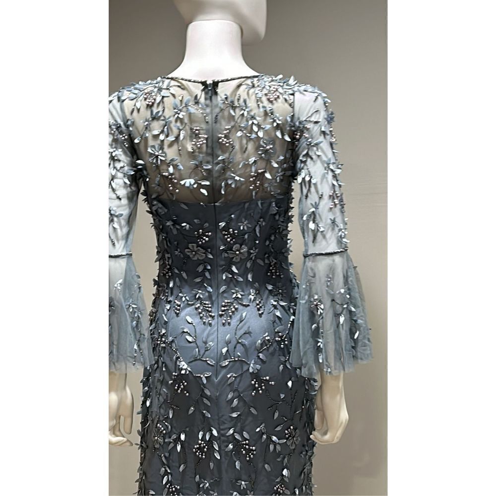 Theia Flounce Sleeve 3-D Embroidered and Beaded  Dusty Blue Gown Size 2 - Picture 14 of 14
